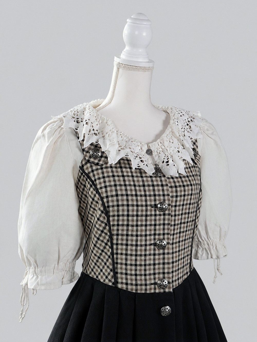 Vintage Checked Maxi Dirndl Dress with Lace Collar Blouse, Cottagecore, Whimsy